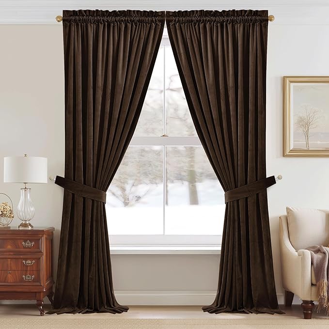 StangH Brown Velvet Curtains Luxurious Thermal Insulated Drapes for Living Room & Bedroom, Soft Noise Reducing Light Blocking Curtains Elegant Home Decor, W52 x L92, 2 Panels