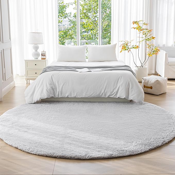 Amazon Basics Fluffy Washable Round Area Rug, Circle Shaggy Carpet for Living Room, Bedroom, Nursery, 7'R, Gray