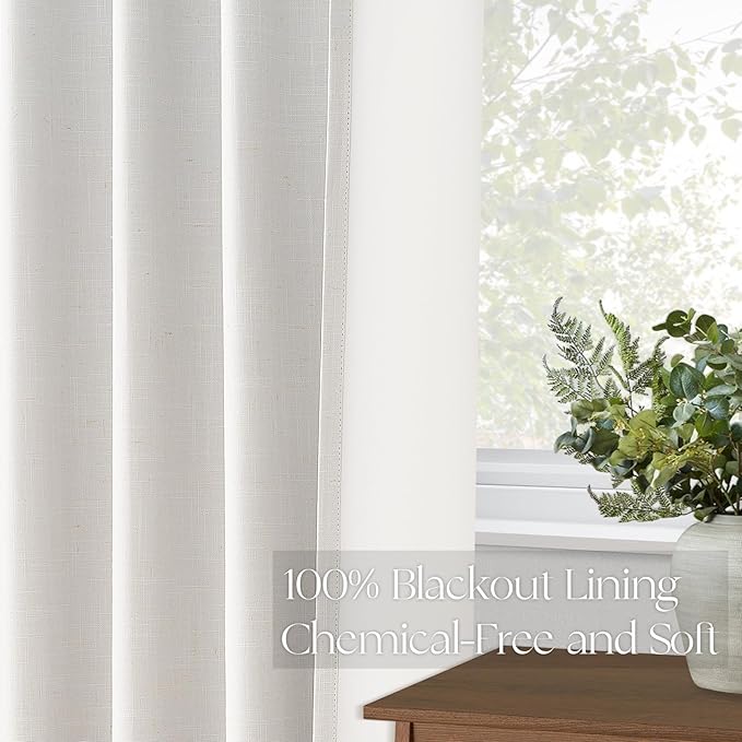 Topfinel Pinch Pleated Curtains 96 Inch Long, 100% Blackout Thermal Insulated Natural Linen Pinch Pleat Viral Drapes with Hooks Rings 2 Panel Sets, Neutral Birch Ivory 8FT Back Tab Window Curtains