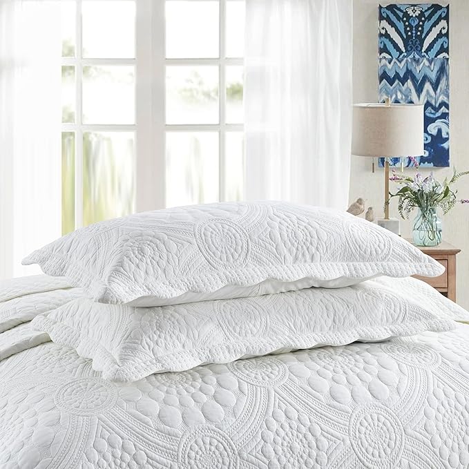 MarCielo 100% Cotton Quilt Set - 3-Piece Embroidered Farmhouse Bedspread & Shams, All-Season Breathable Bedding (Tf Bright White,Queen)