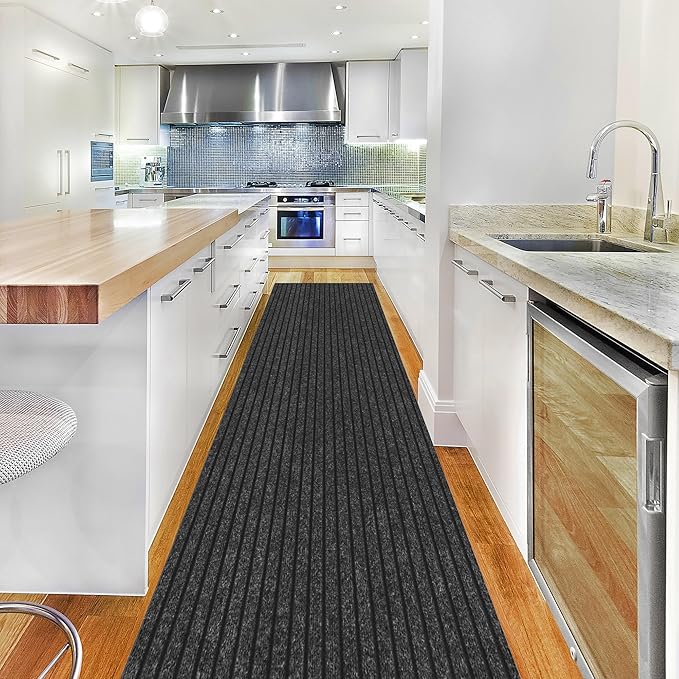 Ottomanson 2' x 19' Hallway Runner with Scraper Pile Extra Durable Non-Slip Rug Mat for Indoor & Outdoor Use - Ideal for Kitchen, Entryway, Patio & Garage - High-Traffic Carpet, Black