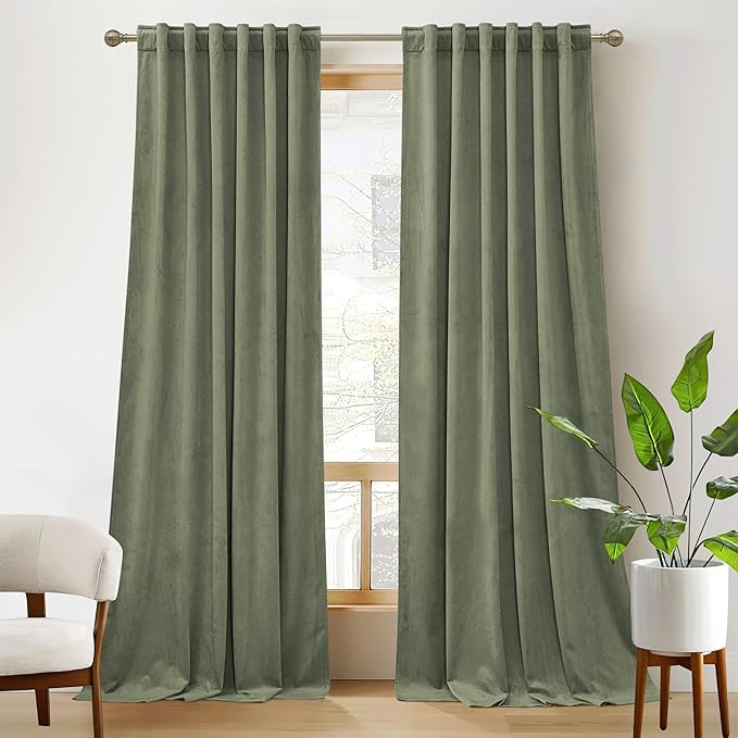 RYB HOME Plush Velvet Curtains, Heavy Duty Back Tab Decorative Window Drapes Privacy Room Darkening Covering for Living Room Playroom, Sage Green, W52 x L90 inches, Set of 2 Panels