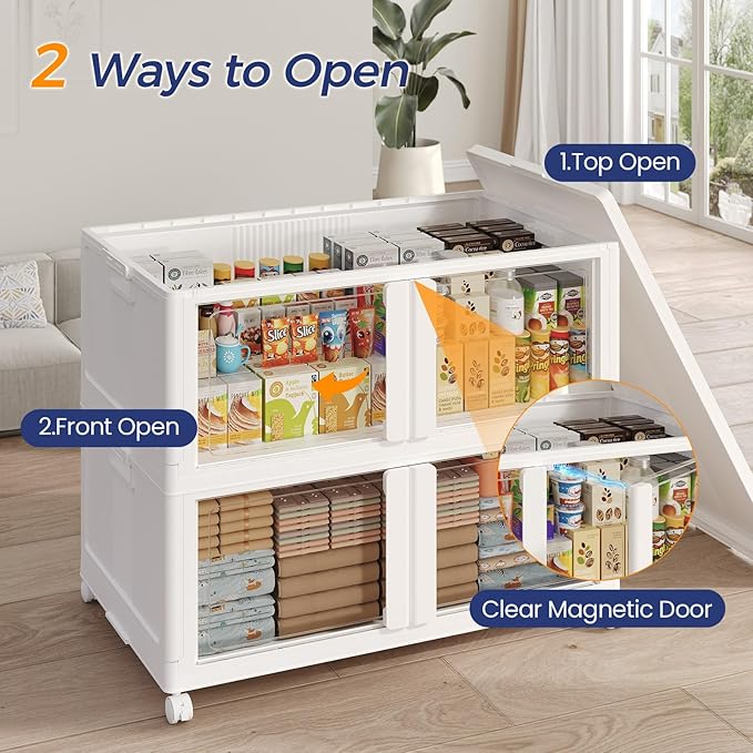 120GAL Large Stackable Storage Bins with Lid and Wheels, 480Qt Collapsible Organizer Cabinet with Clear Door, for Closet, Bedroom, Kitchen, Garage, 4-Pack White