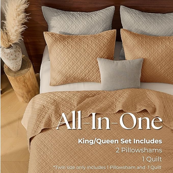 Cali King Quilt Set with Shams Lightweight Quilted Bedspread Coverlet Thin Comforter Bed Cover Vintage Washed Quilted Blanket for All Season, Brushed Microfiber Diamond Stitching, Brown, 111"x92"