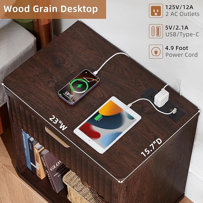 LEYAOYAO 23" Wide Fluted Night Stand with Charging Station, 1 Drawers Large End Table with Storage, Walnut Nightstand Wood Bedside Tables, Farmhouse Cabinet Dresser for Bedroom, Closet