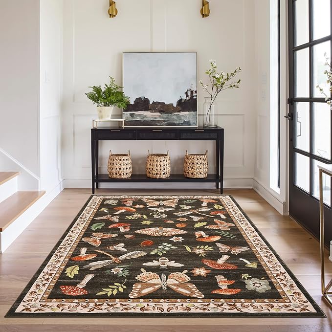 Mushroom 3x5 Area Rug Washable Non-Slip Small Indoor Rugs for Entryway with Rubber Back Soft Low-Pile Stain Resistant Foldable Carpet for Kitchen Bedroom Living Room Mat Brown