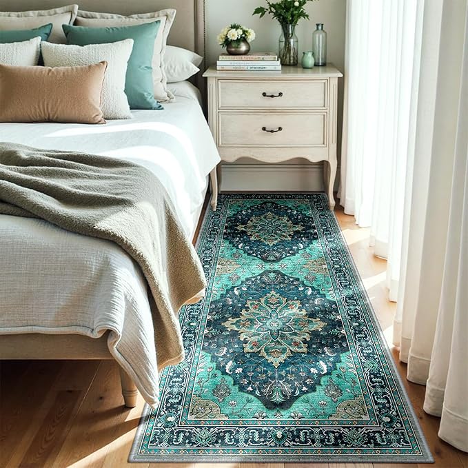 Area Rugs 3'x6' Washable Non-Slip, Floral Vintage Distress Print Pattern Medallion Carpet for Living Room Bedroom Dining Room, Teal Green Lake Blue Turquoise