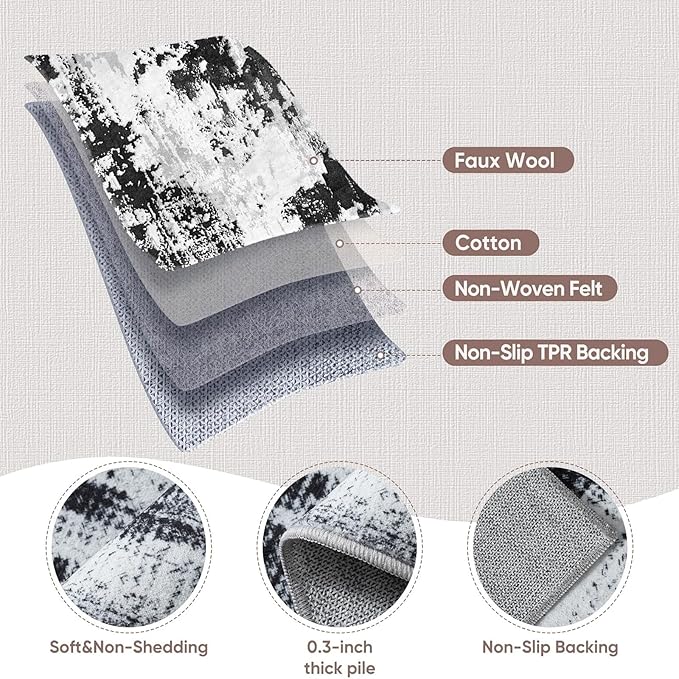 3x6 Kitchen Hallway Runner Rug: Long Washable Rug Runner Non-Slip Indoor Abstract Rugs - Low Pile Soft Floor Runners for Bedroom Living Room Dining Entryway Bathroom Laundry Black White 3x6