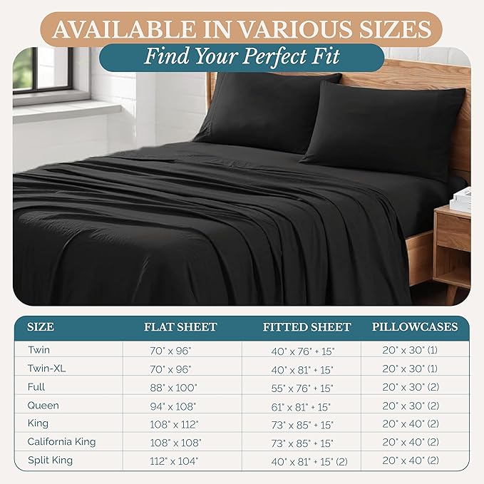 Casa Platino King Bedding Sheet Set – 4 Piece Set, Pre-Washed Brushed Microfiber, Deep Pocket Fitted Sheet for 15" Mattress, Ultra Soft & Breathable Cooling Fabric, Elegant Fit - Black Color