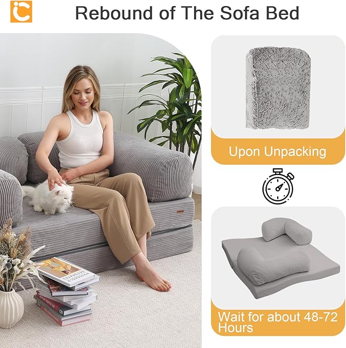 COMAX Folding Sofa Bed Queen, 4-in-1 Foldable Floor Couch Convertible Futon Sofa with Armrests Sleeper Mattress Chair Bed Comfy Portable Fold Out Lounge Guest for Living Room Bedroom, Light Grey