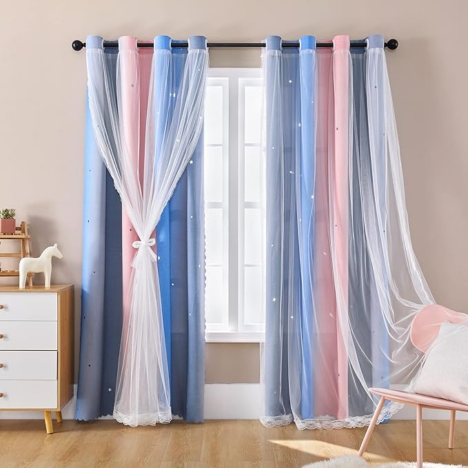 XiDi Dream Star Blackout Curtains for Kids Rooms Girl Princess Curtain for Daughter Bedroom Window (Pink Grey Blue, W34 X L84)