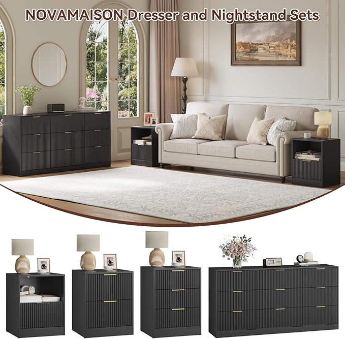 3-Piece Fluted Black Dresser and Nightstand Set, 63” Wide Bedroom Dresser Set Night Stand Set of 2 with Metal Handle, Modern Wood Chest of Drawers Storage Dressers Set for Bedroom, Black