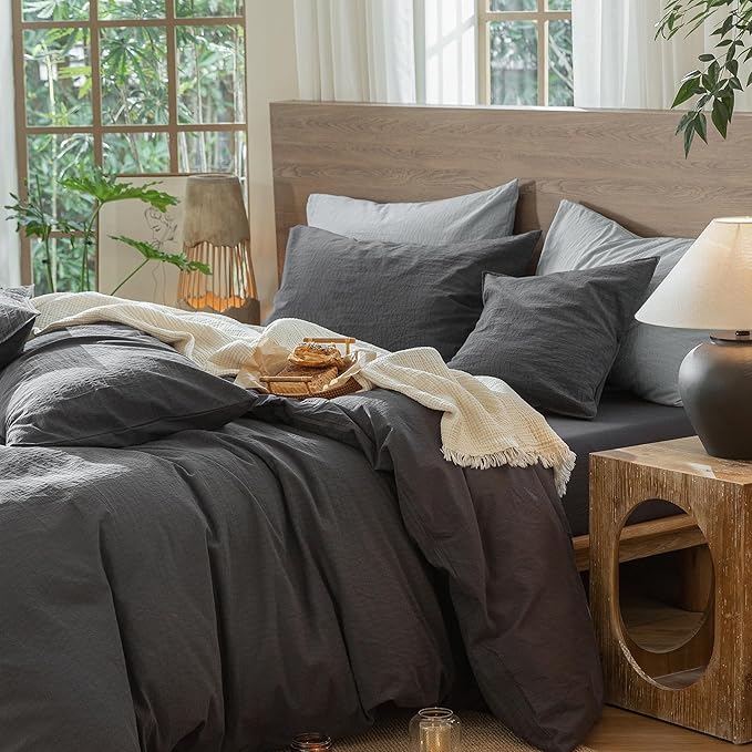 MooMee Wavy Striped Duvet Cover Set 100% Washed Cotton Linen Like Textured Breathable Durable Soft Comfy (Charocal Grey, Cal King 104"x98")
