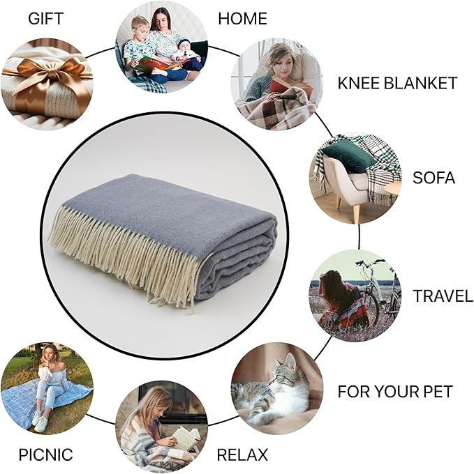 | Wool Blanket/Throw | 100% New Zealand Wool | Perfect for Home and Outdoors | Virgin Wool Throw with Fringes 55"x79"(140 x 200 cm)