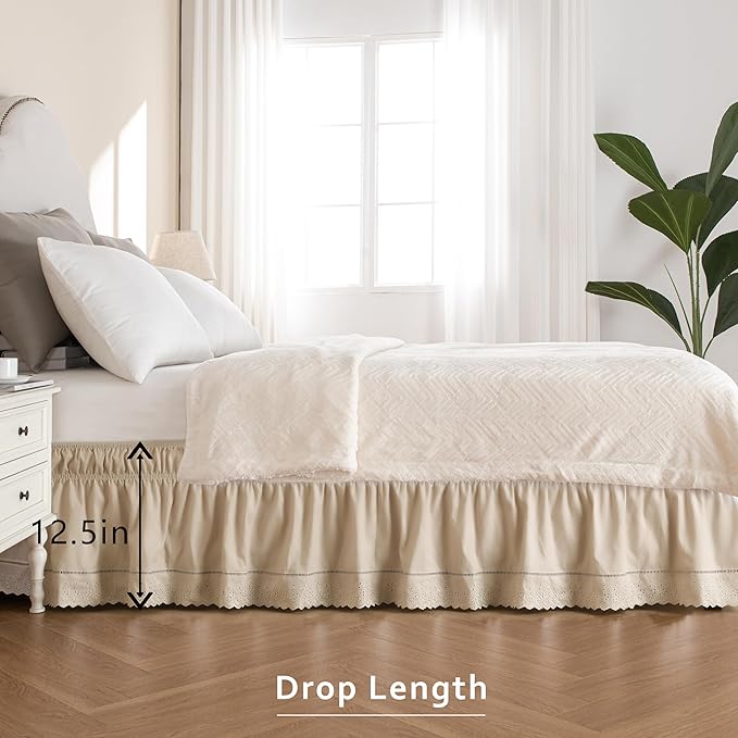 MIYE Wrap Around Ruffled Lace Bed Skirt, Elastic Dust Ruffle with Adjustable Belts, Easy to Put On, Bed Frame Cover, Machine Washable (Embroidered/Beige, King/Queen-12.5" Drop)