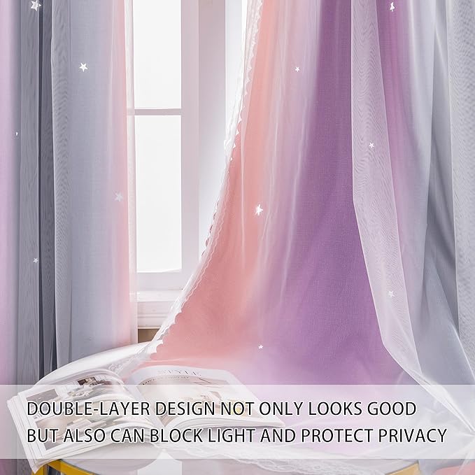 XiDi Dream Star Blackout Curtains for Kids Rooms Girl Princess Curtain for Daughter Bedroom Window (Grey Pink Purple, W52 X L63)