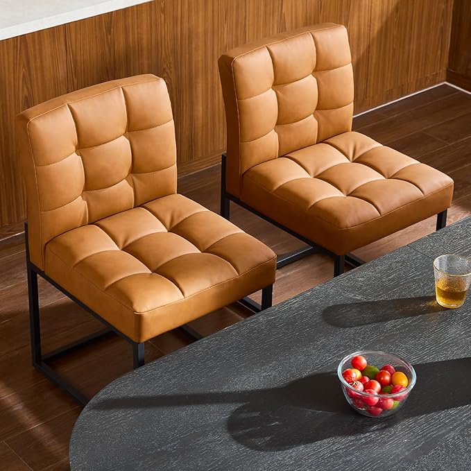Brown Faux Leather Dining Chairs Set of 4, Mid-Century Modern Dining Room Chairs with Armless, Checkered Kitchen Chair with Metal Legs