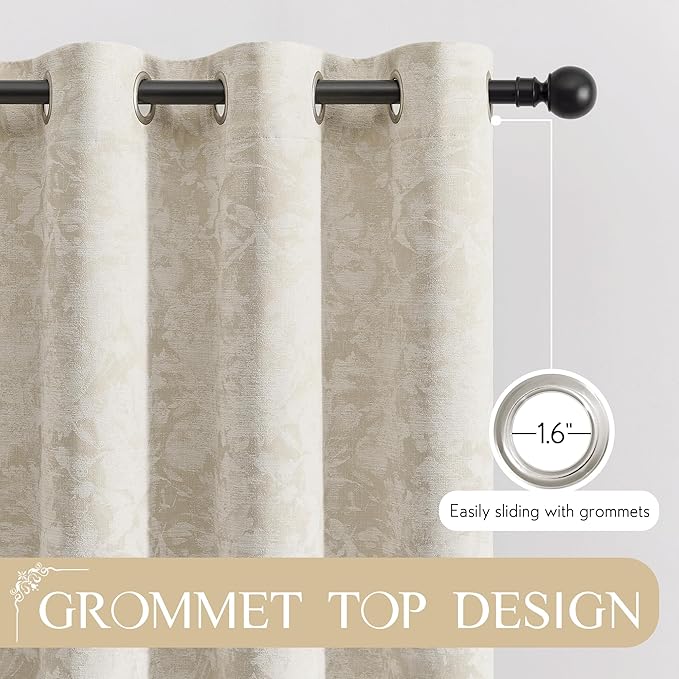 Beauoop Beige Floral Jacquard Blackout Curtains 90 Inches Long 2 Panels for Bedroom Living Room Taupe Flower Chenille Room Darkening Thermal Insulated Soundproof Grommet Window Treatments Drapes 52x90