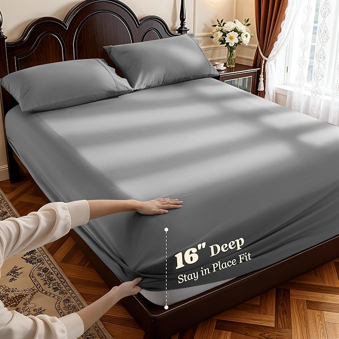 LBRO2M 1000 Thread Count 100% Egyptian Cotton Sheets Set,Full Size Bed Sheet 4 Piece Sets,Long Staple,16 Inches Deep Pocket,All Season,Bedding Super Soft Breathable,Sateen(Dark Grey)