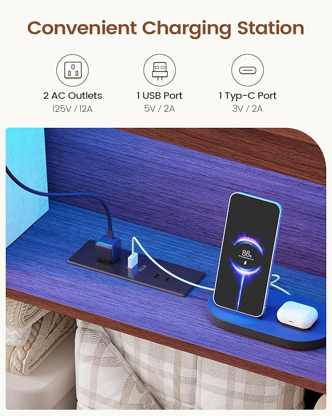 AOGLLATI Farmhouse Full Size Bed Frame with Lift Up Storage & Hidden Bookcase Storage Headbord, Wood Bed Frame Full with Charging Station, Led Lights, No Box Spring Needed, Brown