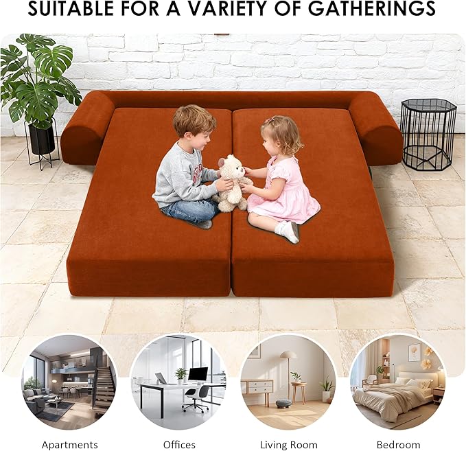 80" Convertible Sofa Bed, 3-in-1 Corduroy Folding Pull Out Couch with Pillows, No Assembly Modern Boneless Couch Compression Sofa in Box, Floor Sofa with Side Storage Pocket for Living Room, Orange