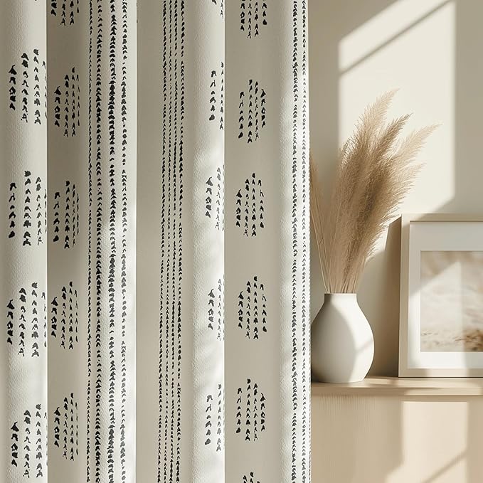 100% Boho Blackout Curtains 72 Inches Long for Bedroom, Black on Beige Patterned Bohemian Curtains for Living Room, Geometric Striped Thermal Insulated Window Drapes Gromment Top 2 Panels