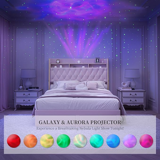 Full LED Bed Frame with Storage Drawers, Velvet Upholstered Platform Beds with Galaxy Star Projector Charging Station Speaker, Aurora Bedframe with 2-Tier Storage Headboard, Noise-Free, Pink