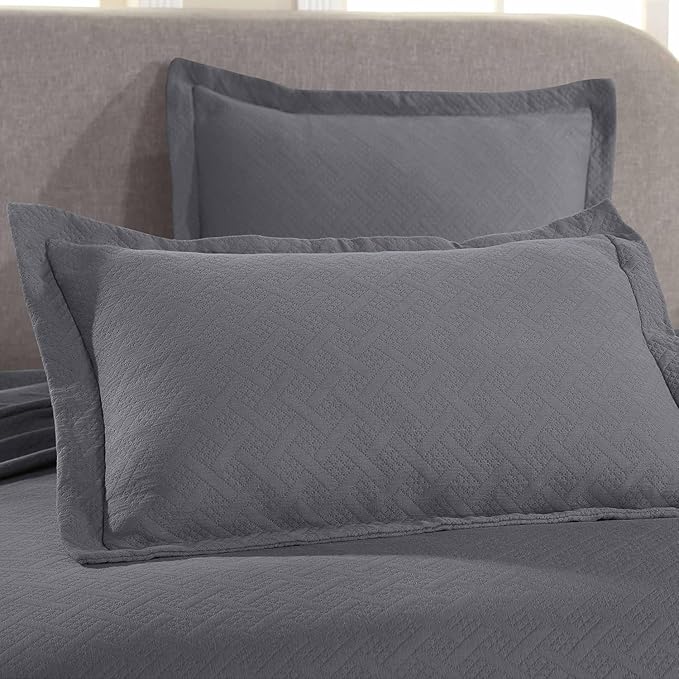 Superior 2 Piece Basketweave Cotton Bedspread Set, Home Bed Decor, Decorative Bed Spread, 1 Pillow Sham, Medium Weight Blanket, Matelasse Coverlet Bedding, Geometric Lattice Pattern, Twin, Grey