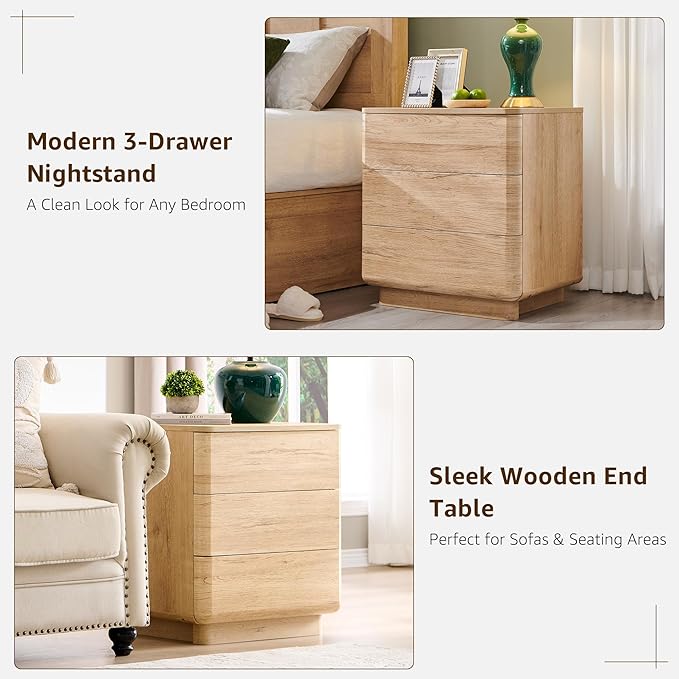 JXQTLINGMU 22" Modern Nightstand with Charging Station, Large Push-to-Open End Table, Wood Bedside Table w/Curved Profile Design, Handleless 3 Drawer Night Stand for Bedroom, Living Room, Natural Oak