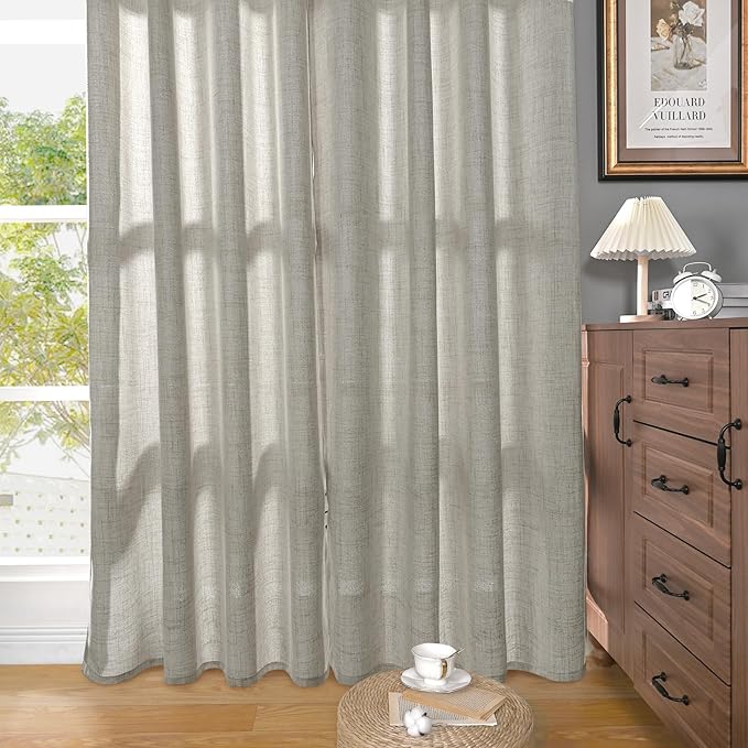 YoungsTex Dark Grey Linen Curtains 63 Inch Length for Living Room Windows, Textured Light Filtering Drapes with Bronze Grommet Privacy for Bedroom, 2 Panels, 52 X 63 Inch