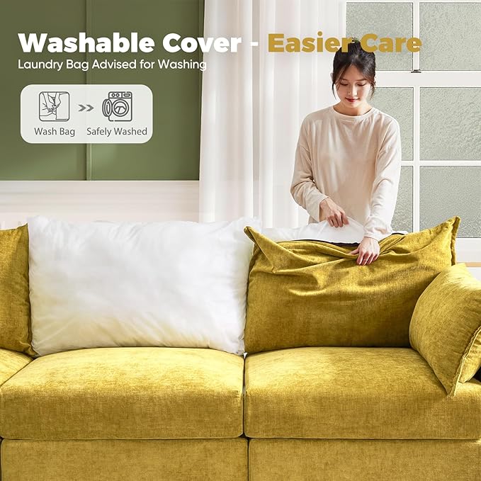 ABCASA Oversized Loveseat Sofa, Modern Modular Sectional Couch Yellow Fluffy Chenille Mid Century 2-Seat 24.5" Deep Seat for Apartment, Living Room, Bedroom