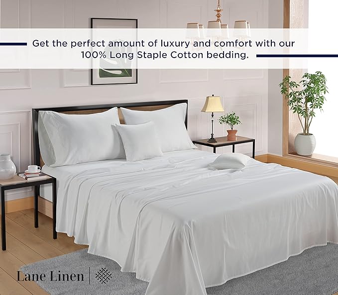 LANE LINEN 600 Thread Count 100% Mercerized Cotton White Twin Sheet Set - Soft & Cmofy Hotel Like Thick Cotton Bedding Sheets & Pillowcases, Sateen Weave Silky Finish Luxury White Bed Sheets Set