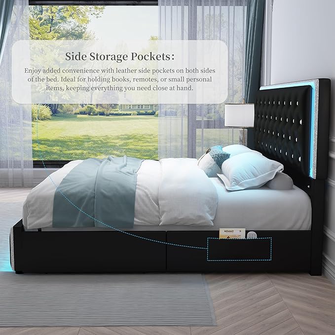 Queen LED Bed Frame with 2 Drawers, Storage Platform Beds with Upholstered Crystal Button Tufted Headboard Footboard, 2 Side Pockets, No Box Spring Needed, PU Black