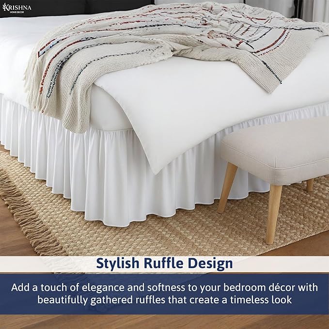 KRISHNA Ruffled Bed Skirt with Split Corners King, 100% Microfiber Hotel Quality, 16 Inch Drop Dust Ruffle Gathered Bedskirt with Platform, 78" x 80", White