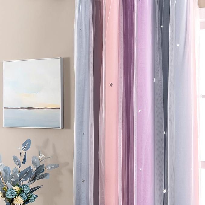 XiDi Curtains for Bedroom Decor, Rainbow GreyPinkPu-52-54