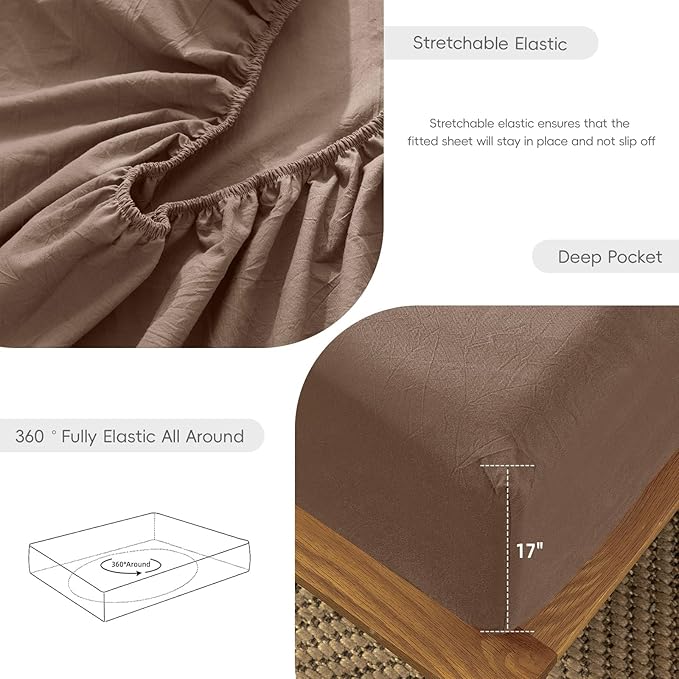 MooMee Fitted Bottom Sheet Only 100% Washed Cotton Linen Like Textured Breathable Durable Soft Comfy Deep Pocket Fits Mattress up to 17" (Brown, Twin)