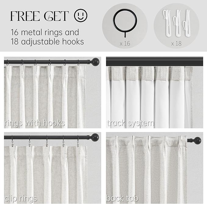 Topfinel 100% Blackout Linen Curtains 72 Inch Length,Pinch Pleated Oatmeal Back Tab Drapes with Hooks Room Darkening Heat Reducing Farmhouse Rustic Lined Draperies for Bedroom Baby Room 2 Panels Set