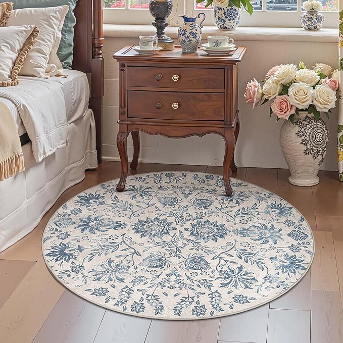 jinchan Torino Classic Floral Round Rug 5ft, Vintage-Inspired Design 5’Circle Rug, Machine Washable Ultra-Thin Low-Pile Non-Slip Indoor Carpet for Bedroom Dining Room Living Room Entryway, Dark Blue