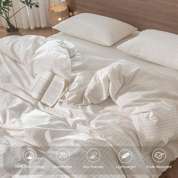 MooMee Striped Duvet Cover Set 100% Washed Cotton Linen Like Textured Breathable Durable Soft Comfy (White Almond Milk Grey Wide Stripes, King 104"x90")