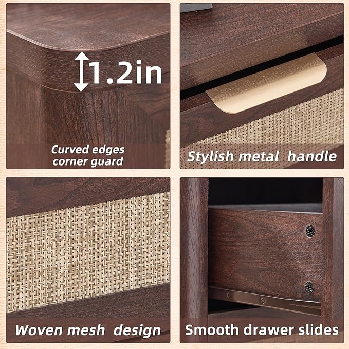 LEYAOYAO Rattan Night Stand Set of 2 with Drawers, 23" Large 3 Drawer Boho Nightstand, Walnut Bedside Table Storage Cabinet, Bed Side End Tables Dresser for Bedroom, Living Room, Hallway, Closet