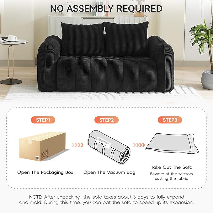 Boneless Living Room Sets, Modern Upholstered Loveseat with 2 Signle Sofa Chairs, Comfy Deep Seat Cloud Sofa Couch Sets for Living Room, Corduroy Black
