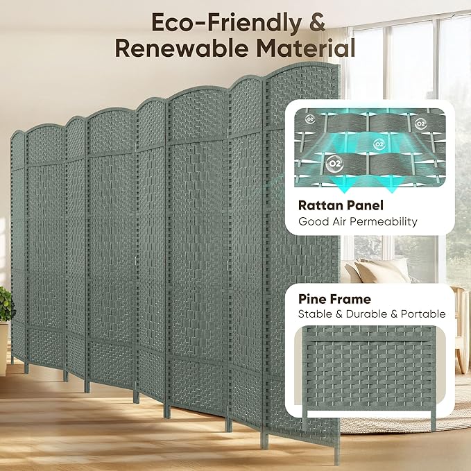 JOSTYLE Room Divider 6ft. Tall Extra Wide Privacy Screen, Folding Privacy Screens with Diamond Double-Weave Room dividers and Freestanding Room Dividers Privacy Screens(Grey, 8-Panel)