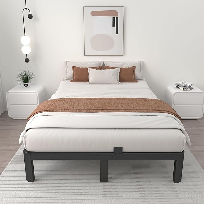 ITIMIDI 10 Inch Bed Frame Queen Size with Metal Gaskets, Heavy Duty Queen Platform Bed Frame No Box Spring Needed, DIY Headboard, Anti-Slip Mattress Stopper, Round Corner Leg, Easy Assembly, Black