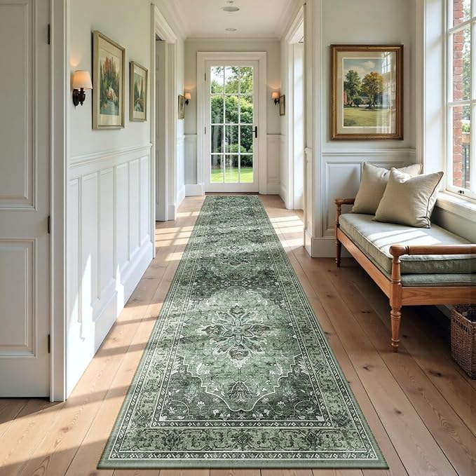 Area Rugs 2'6''x10' Washable Non-Slip, Floral Vintage Distress Print Pattern Medallion Carpet for Living Room Bedroom Dining Room, Dark Green Gray