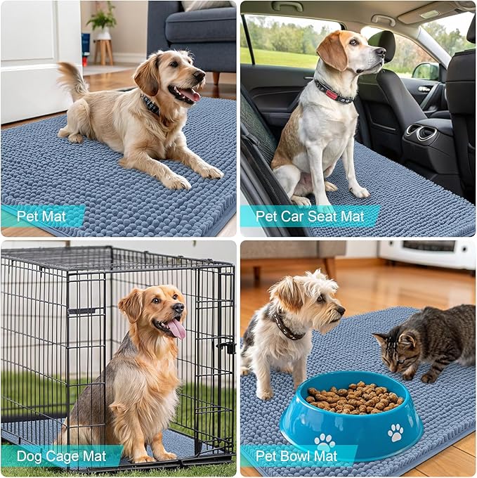 OLANLY Dog Door Mat for Muddy Paws 40x24, Absorbs Moisture and Dirt, Absorbent Non-Slip Washable Doormat, Quick Dry Chenille Mud Mat for Dogs, Entry Indoor Entryway Carpet for Inside Floor, Airy Blue