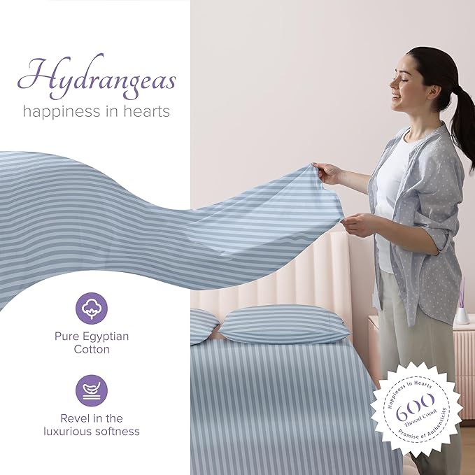 Carressa Linen Striped Egyptian Cotton Sheets Twin XL Size - 600 Thread Count 3 PC Damask Twin XL Sheets Deep Pockets, Sateen Weave College Dorm Bedding, Fits Mattress Upto 18"- Light Blue Stripe