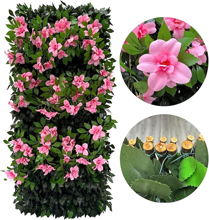 Sumery Expandable Fence Privacy Screen for Balcony Patio Outdoor,Decorative Faux Ivy Fencing Panel,Artificial Hedges (Single Sided Leaves) (1, Branches -Pink Fowers)