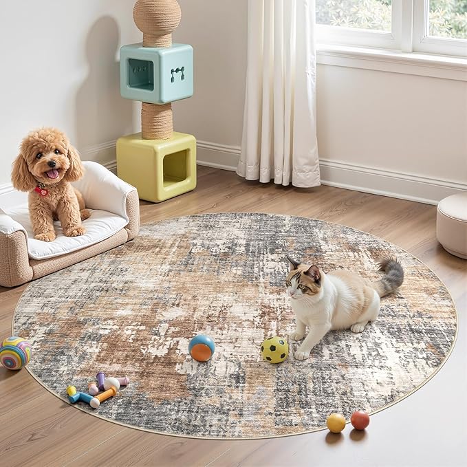 6ft Round Area Rug Living Room Rugs - 6x6 Washable Large Soft Indoor Neutral Modern Abstract Low Pile Rug Carpet for Bedroom Dining Room Farmhouse Home Office - Grey Brown