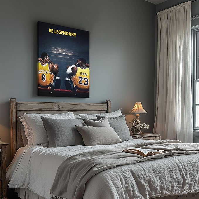 Kobe Bryant and LeBron James Canvas Wall Art Print Poster, Be Legendary Inspirational Sports Picture Artwork, Motivational Mamba Mentality Wall Decor for Home Office Gym Living Room, Framed 16x20inch