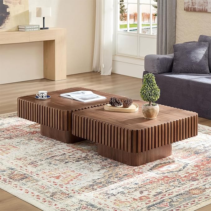 LKTART Square Coffee Table for Living Room, Accent Fluted Coffee Table with Storage, Modern Solid Wood Veneered Large Center Tea Table for Small Space Apartment (35.4''D×16''H-Walnut)